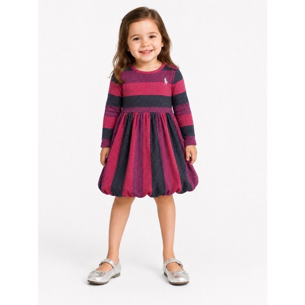 US Polo Assn Girls 4T Striped Bubble Hem Knit Dress Pink Purple Metallic Sparkle